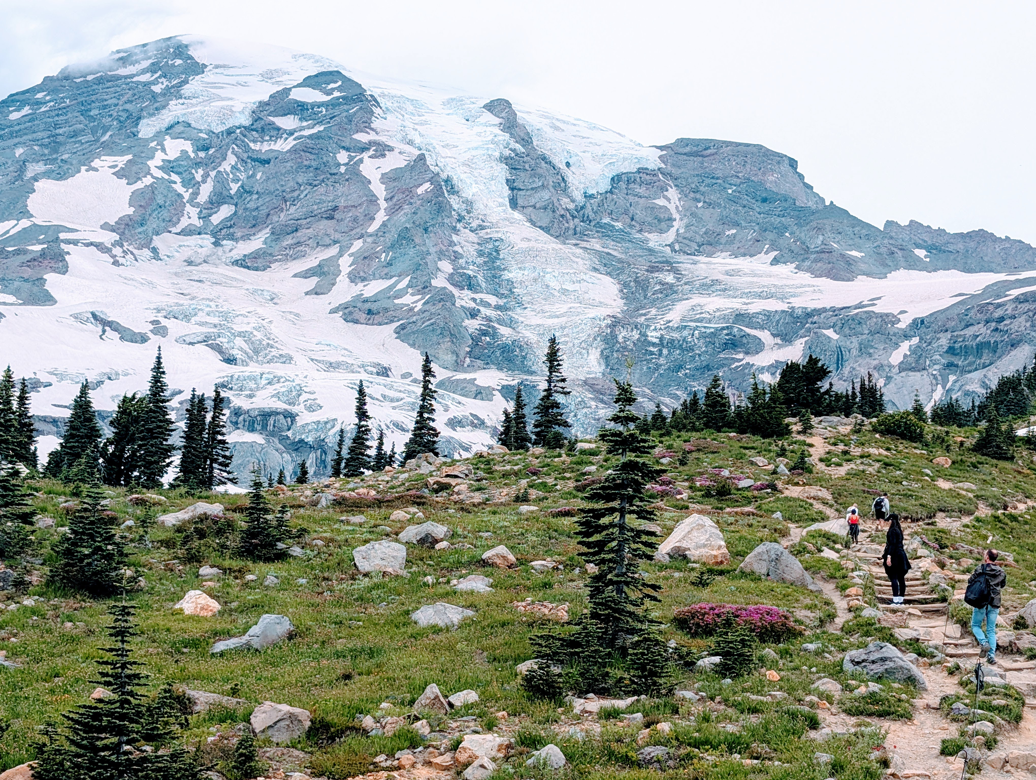 A hiker in rain gear on the flank of Mount Rainier