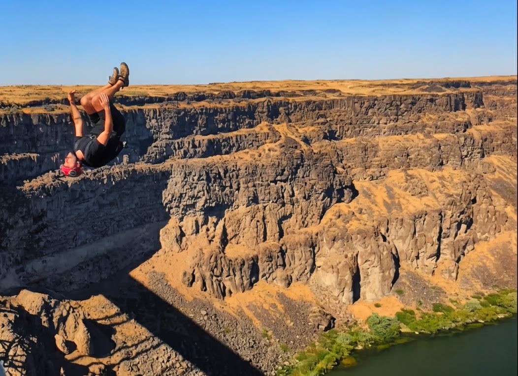 A BASE jumper over the Snake River Canyon at the Perrine Bridge